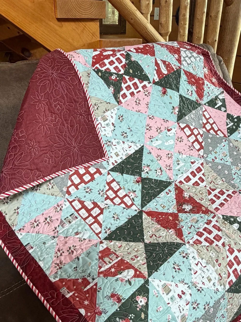 Vintage-Inspired Patchwork Quilt Throw in Red, Blue, Pink, Green